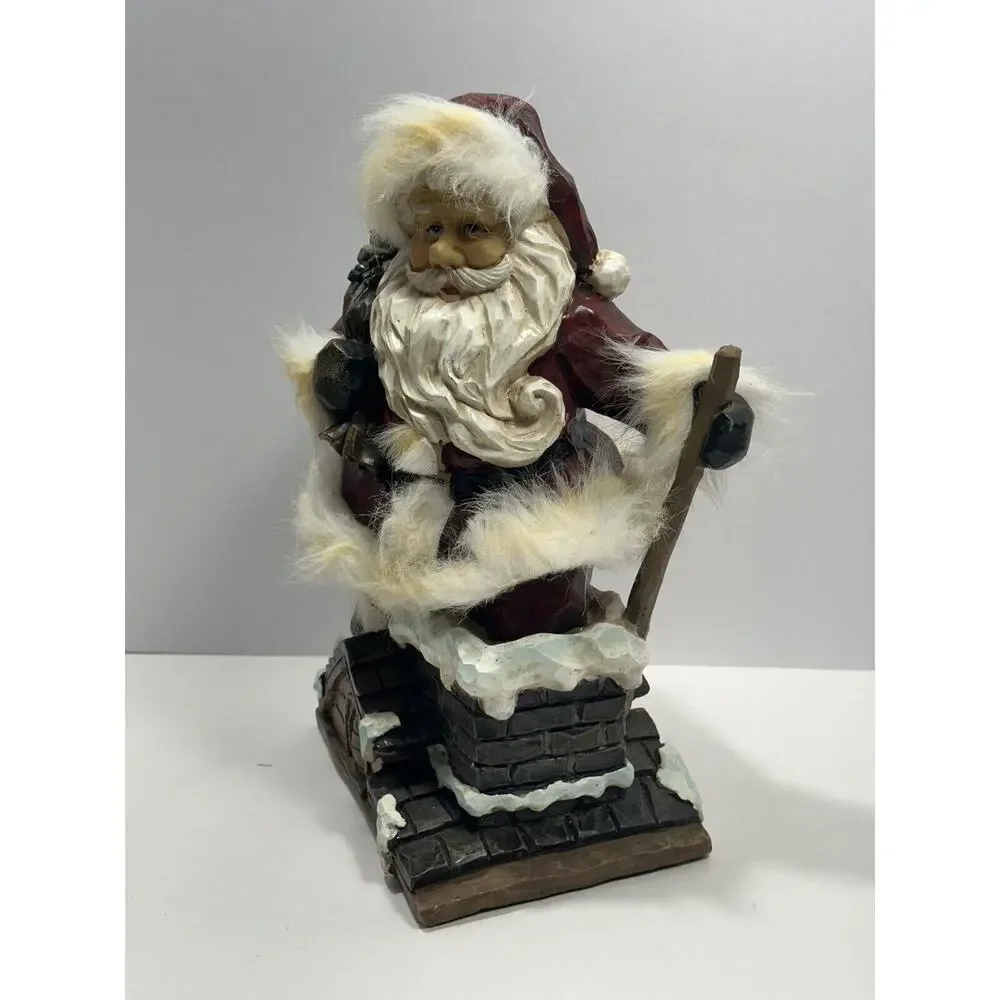 Vintage Wood Carved Art Santa Claus Entering Chimney With Sack Of‎ Toys Figure